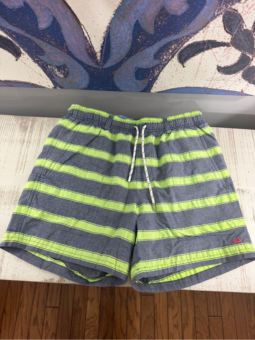 Southern Marsh Men's Gray & Neon Yellow Striped Swim Trunks